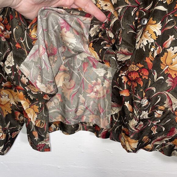 100% Silk Floral Blouse Brown Orange Red Long Sleeve Button Front Women’s Large - Picture 3 of 9